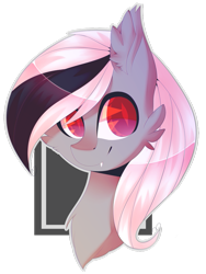 Size: 775x1031 | Tagged: safe, artist:ohsushime, artist:sugardaddyy, artist:suskiwi, derpibooru import, oc, oc only, oc:stormdancer, bat pony, pony, bat pony oc, bust, fangs, fluffy, red eyes, simple background, smiling, solo, transparent background