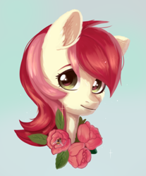 Size: 1024x1238 | Tagged: safe, artist:worldlofldreams, derpibooru import, roseluck, bust, cute, cuteluck, ear fluff, flower, fluffy, gray background, head only, portrait, rose, simple background