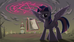 Size: 960x540 | Tagged: safe, artist:phoenixrk49, derpibooru import, twilight sparkle, twilight sparkle (alicorn), alicorn, pony, book, female, looking at you, magic, magic circle, mare, ponyville, solo, tree