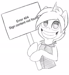 Size: 1896x2048 | Tagged: safe, artist:theartistsora, derpibooru import, edit, editor:henbasket, oc, oc:crusader, 404, clothes, error message, exploitable meme, meme, shirt, sign, solo