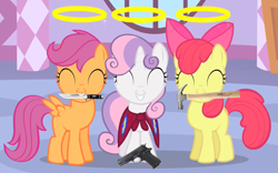 Size: 1101x689 | Tagged: safe, derpibooru import, edit, edited screencap, screencap, apple bloom, scootaloo, sweetie belle, stare master, cute, cutie mark crusaders, gun, halo, hammer, handgun, knife, pistol, this will not end well