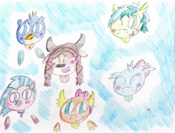 Size: 2722x2079 | Tagged: safe, artist:ptitemouette, derpibooru import, gallus, ocellus, sandbar, silverstream, smolder, yona, classical hippogriff, griffon, hippogriff, school daze