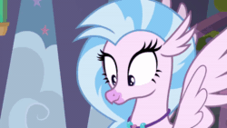 Size: 600x338 | Tagged: safe, derpibooru import, screencap, silverstream, classical hippogriff, hippogriff, school daze, animated, cute, diastreamies, excited, flapping, gif, hallway, hands on cheeks, hands on face, hands on head, looking at something, school of friendship, shrunken pupils, solo, sparkle eyes, stairs, talking