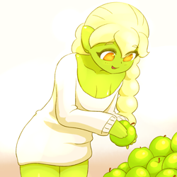 Size: 1929x1929 | Tagged: safe, artist:sigpi, derpibooru import, granny smith, anthro, apple, breasts, cleavage, clothes, female, food, human facial structure, solo, sweater, young granny smith, younger