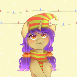Size: 2000x2000 | Tagged: safe, artist:yuozka, derpibooru import, oc, oc only, unicorn, christmas, christmas lights, clothes, female, hat, holiday, mare, scarf, solo, ych result