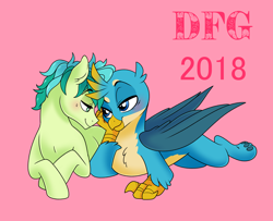 Size: 2506x2036 | Tagged: safe, artist:dragonfoxgirl, derpibooru import, gallus, sandbar, earth pony, griffon, pony, school daze, blushing, chest fluff, cute, gallabetes, gallbar, gay, interspecies, looking at each other, male, paw pads, paws, pink background, sandabetes, shipping, simple background, smiling, underpaw, wings