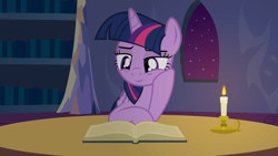 Size: 1920x1080 | Tagged: safe, artist:agrol, derpibooru import, twilight sparkle, twilight sparkle (alicorn), alicorn, pony, book, candle, cute, female, mare, night, reading, show accurate, smiling, solo, stars, that pony sure does love books