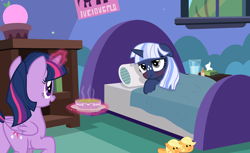 Size: 9000x5500 | Tagged: safe, artist:mundschenk85, derpibooru import, twilight sparkle, twilight sparkle (alicorn), oc, oc:silverlay, alicorn, unicorn, absurd resolution, applejack slippers, bed, female, floppy ears, food, magic, mare, sick, soup, vector