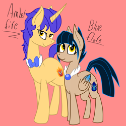 Size: 5000x5000 | Tagged: safe, artist:chelseawest, derpibooru import, oc, oc only, oc:amber fire, oc:blue flare, pony, unicorn, absurd resolution, female, male, mare, pink background, simple background, stallion