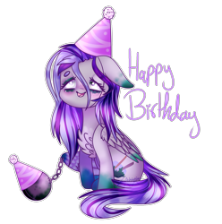 Size: 1897x1914 | Tagged: safe, artist:honeybbear, derpibooru import, oc, oc:mossy green, pegasus, pony, ball and chain, female, floppy ears, hat, mare, party hat, simple background, sitting, solo, transparent background