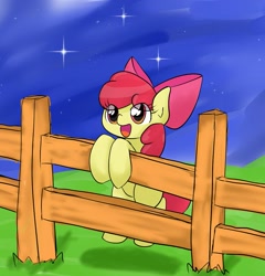 Size: 983x1024 | Tagged: safe, artist:up_p_ab, derpibooru import, apple bloom, earth pony, pony, bow, female, fence, filly, happy, solo