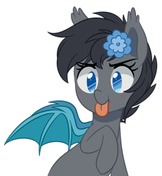 Size: 1924x2081 | Tagged: safe, artist:higglytownhero, derpibooru import, oc, oc only, oc:seachell, bat pony, pony, :p, bat pony oc, cute, female, flower, flower in hair, mare, ocbetes, silly, simple background, tongue out, transparent background