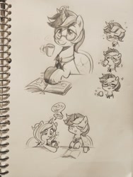 Size: 768x1024 | Tagged: safe, artist:oofy colorful, derpibooru import, pony, unicorn, book, comic strip, female, glasses, mare, monochrome, pencil drawing, sketch, traditional art