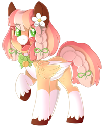 Size: 2281x2797 | Tagged: safe, artist:adostume, derpibooru import, oc, oc only, pegasus, pony, bell, blushing, bow, bowtie, braid, colored ears, colored hooves, colored pupils, colored wings, colored wingtips, eye clipping through hair, female, flower, flower in hair, freckles, hair bow, happy, looking at you, mare, open mouth, raised hoof, simple background, smiling, socks (coat marking), solo, tail bow, twin braids, unshorn fetlocks, white background