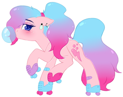 Size: 3182x2529 | Tagged: safe, artist:adostume, derpibooru import, oc, oc only, oc:faylinn, earth pony, pony, blushing, bubblegum, ear piercing, earring, food, gum, jewelry, lidded eyes, piercing, roller skates, solo