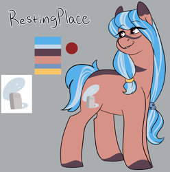 Size: 1788x1804 | Tagged: safe, artist:c1nn1m1n1, derpibooru import, oc, oc only, oc:resting place, earth pony, pony, female, grandmother, gray background, looking back, mare, reference sheet, simple background, smiling, solo