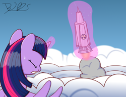 Size: 1500x1156 | Tagged: safe, artist:trackheadtherobopony, derpibooru import, twilight sparkle, twilight sparkle (alicorn), alicorn, atomic bomb, cloud, magic, missile, nuclear weapon, signature, sky, solo, sweat, telekinesis, weapon