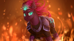 Size: 1700x950 | Tagged: safe, artist:rossignolet, derpibooru import, tempest shadow, pony, unicorn, my little pony: the movie, armor, broken horn, clothes, epic, eye scar, eyebrows, female, fire, flowing mane, looking at you, magic, mare, scar, solo, sparking horn