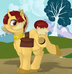 Size: 1200x1243 | Tagged: safe, artist:69beas, derpibooru import, oc, oc only, oc:jessie feuer, pony, unicorn, cutie mark, fangs, fluffy, saddle bag, solo