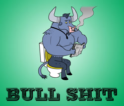 Size: 1732x1485 | Tagged: safe, artist:banebuster, derpibooru import, iron will, minotaur, bullshit, but why, cigarette, cigarette smoke, gradient background, green background, joke, male, necktie, newspaper, nose piercing, nose ring, piercing, pun, reaction image, reading, simple background, sitting, smoking, solo, text, toilet, visual pun, vulgar, word play