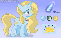 Size: 1024x648 | Tagged: safe, artist:sleppchocolatemlp, derpibooru import, oc, oc:roxana, pony, unicorn, female, mare, offspring, parent:prince blueblood, parent:trixie, parents:bluetrix, reference sheet, solo