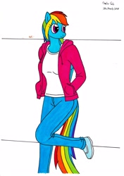 Size: 2466x3496 | Tagged: safe, artist:killerteddybear94, derpibooru import, rainbow dash, anthro, clothes, hands in pockets, hoodie, jeans, multicolored hair, multicolored tail, pants, requested art, shoes