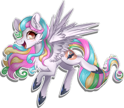 Size: 1171x1021 | Tagged: safe, artist:woonborg, derpibooru import, oc, oc only, oc:andromeda magister, pegasus, pony, cheek fluff, chest fluff, clothes, cute, ear fluff, female, fluffy, mare, ocbetes, open mouth, profile, rainbow hair, raised hoof, raised leg, shoes, signature, simple background, smiling, solo, spread wings, transparent background, wings