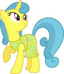 Size: 1000x1164 | Tagged: safe, artist:cloudyglow, derpibooru import, lemon hearts, pony, unicorn, clothes, clothes swap, cosplay, costume, crossover, disney, dress, female, inside out, joy (inside out), mare, pixar, raised hoof, simple background, solo, transparent background