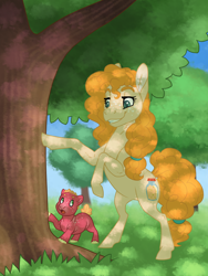 Size: 1200x1600 | Tagged: safe, artist:jackiebloom, derpibooru import, big macintosh, pear butter, earth pony, pony, baby, baby pony, colt, dappled sunlight, duo, female, foal, male, mare, mother and child, mother and son, parent and child, rearing, tree, younger