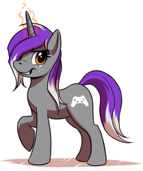 Size: 1057x1265 | Tagged: safe, artist:mykegreywolf, derpibooru import, oc, oc only, oc:belle eve, pony, unicorn, belle eve, female, freckles, glowing horn, grin, hair over one eye, mare, raised hoof, redesign, smiling, solo