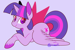 Size: 1527x1027 | Tagged: safe, artist:1racat, derpibooru import, twilight sparkle, twilight sparkle (alicorn), alicorn, pony, crossed hooves, female, looking at you, looking sideways, mare, prone, smiling, solo, spread wings, wings