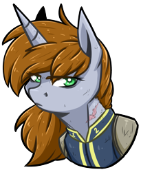 Size: 1449x1765 | Tagged: safe, artist:lrusu, derpibooru import, oc, oc only, oc:littlepip, pony, unicorn, fallout equestria, bust, clothes, fanfic, fanfic art, female, horn, mare, portrait, scar, simple background, solo, transparent background, unamused, vault suit