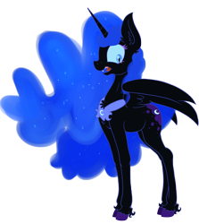 Size: 3000x3360 | Tagged: safe, artist:paskanaakka, derpibooru exclusive, derpibooru import, nightmare moon, alicorn, chest fluff, colored hooves, ear fluff, ethereal mane, fangs, female, grin, mare, simple background, smiling, solo, transparent background, unshorn fetlocks, villains of equestria collab