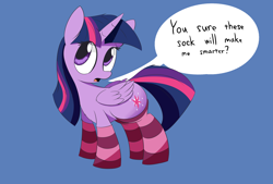 Size: 3496x2362 | Tagged: safe, artist:taurson, derpibooru import, twilight sparkle, twilight sparkle (alicorn), alicorn, pony, clothes, dialogue, female, mare, simple background, socks, solo, speech bubble, striped socks