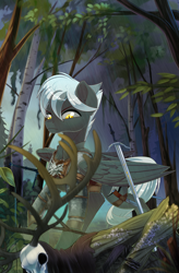 Size: 1910x2917 | Tagged: safe, artist:taneysha, derpibooru import, oc, oc only, pegasus, pony, antlers, forest, golden eyes, gray coat, medallion, skull, solo, sword, the witcher, weapon, white mane