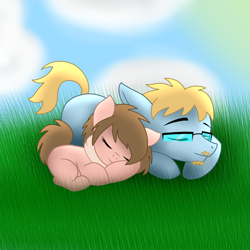 Size: 2000x2000 | Tagged: safe, artist:chelseawest, derpibooru import, oc, oc only, earth pony, pony, female, filly, glasses, high res, male, prone, sleeping, stallion