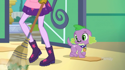 Size: 2208x1242 | Tagged: safe, derpibooru import, screencap, sci-twi, spike, spike the regular dog, twilight sparkle, dog, better together, equestria girls, my little shop of horrors, apron, boots, broom, celestia's house, clothes, discovery family logo, fountain, leaves, legs, paws, pictures of legs, raised leg, shoes, skirt