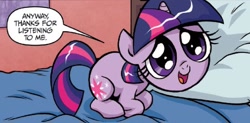 Size: 754x371 | Tagged: safe, artist:brendahickey, derpibooru import, idw, twilight sparkle, adorable face, bed, cute, female, filly, filly twilight sparkle, pillow, solo, twiabetes, younger