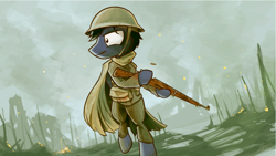 Size: 1311x737 | Tagged: safe, artist:dori-to, derpibooru import, oc, oc:paladin colt, pony, apocalypse, battlefield 1, bipedal, gun, helmet, military, military uniform, rifle, soldier, war, weapon, world war i