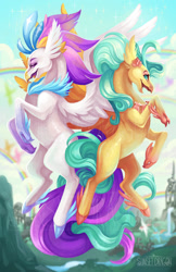 Size: 792x1224 | Tagged: safe, artist:flying-fox, derpibooru import, princess skystar, queen novo, classical hippogriff, hippogriff, my little pony: the movie, duo, feathered fetlocks, female, intertwined tails, looking at you, mother and child, mother and daughter, open beak, parent and child, smiling