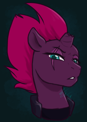 Size: 1200x1670 | Tagged: safe, artist:catacujo, derpibooru import, tempest shadow, pony, unicorn, my little pony: the movie, broken horn, bust, eye scar, female, lidded eyes, looking at you, mare, scar, solo