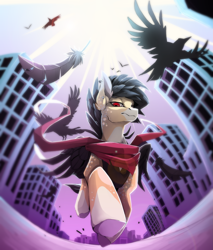 Size: 2553x3000 | Tagged: safe, artist:taiga-blackfield, derpibooru import, oc, oc:blackfeather, bird, crow, pegasus, pony, building, city, clothes, looking at you, looking down, red eyes, scarf, solo