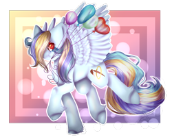 Size: 1000x800 | Tagged: safe, artist:anisa-mlp222, derpibooru import, oc, pegasus, pony, abstract background, action pose, balloon, digital art, female, long mane, long tail, looking at you, looking back, mare, mouth hold, orange eyes, solo, spread wings, trotting, unshorn fetlocks, wings