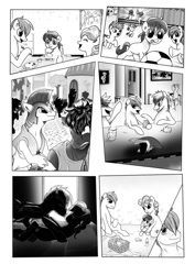 Size: 752x1062 | Tagged: safe, artist:candyclumsy, derpibooru import, oc, oc only, earth pony, pegasus, pony, comic:becoming the façade, bar, cider, colt, comic, cuffs, disguise, disguised changeling, female, food, football, male, mare, monochrome, mug, picnic, royal guard, sports, stallion, tankard, this will end in tears and/or death