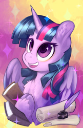 Size: 825x1275 | Tagged: safe, artist:hobbes-maxwell, derpibooru import, twilight sparkle, twilight sparkle (alicorn), alicorn, pony, adorkable, book, cloven hooves, cute, dork, egghead, female, mare, open mouth, quill, scroll, smiling, solo, twiabetes, unshorn fetlocks