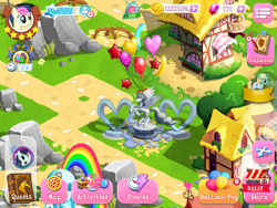 Size: 2048x1536 | Tagged: safe, derpibooru import, bon bon, sweetie drops, balloon, game screencap, gameloft, houses, rainbow, rock, statue