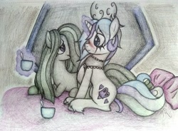 Size: 1599x1180 | Tagged: safe, artist:angelofthewisp, derpibooru import, marble pie, oc, oc:sugar skull (angelofthewisp), pony, unicorn, bed, blushing, canon x oc, choker, cup, female, food, lesbian, magic, mare, pillow, prone, shipping, tea, teacup, traditional art