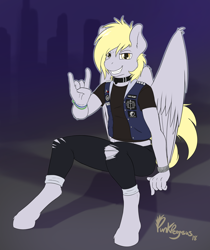 Size: 1280x1527 | Tagged: safe, artist:punk-pegasus, derpibooru import, oc, oc:golden aegis, anthro, unguligrade anthro, clothes, collar, derpunk, devil horn (gesture), iron front, punk, ripped pants, solo