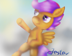 Size: 1000x780 | Tagged: safe, artist:jesterpi, derpibooru import, scootaloo, pegasus, pony, cloud, experiment, fanart, female, filly, solo