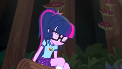 Size: 1280x720 | Tagged: safe, derpibooru import, screencap, sci-twi, twilight sparkle, equestria girls, legend of everfree, camp everfree outfits, eyes closed, glasses, sad, solo